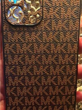 Michael Kors Brown Monogram Silicone/Leather Phone Case with Gold Camera Accent
